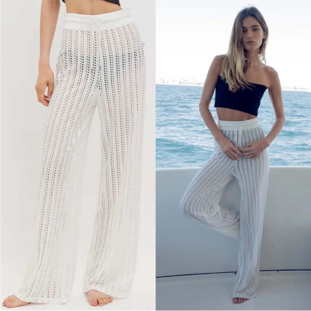Kathryn Mccarron Mica Open Knit Crochet Beach Pants Large NWT Monochrome White